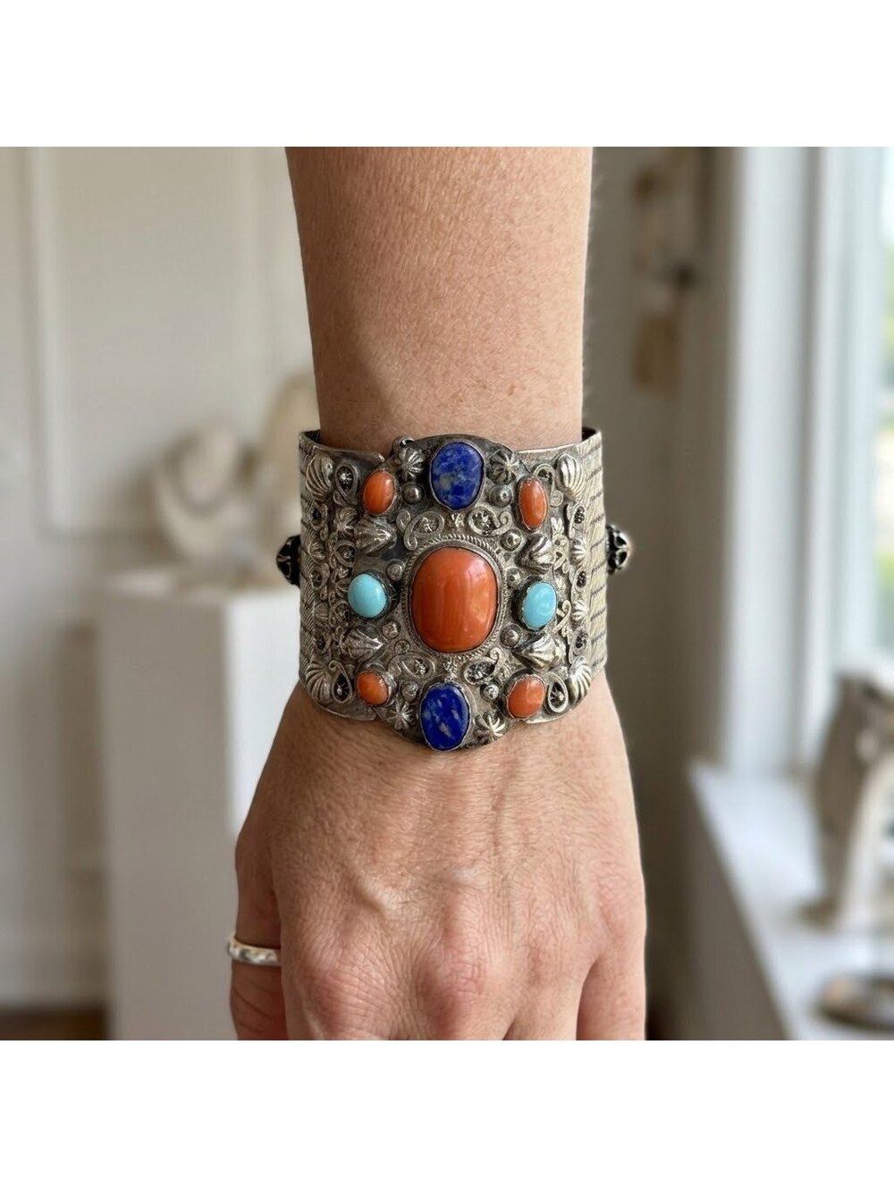 Himalayan Coral, Lapis Lazuli, Turquoise, Silver Bracelet